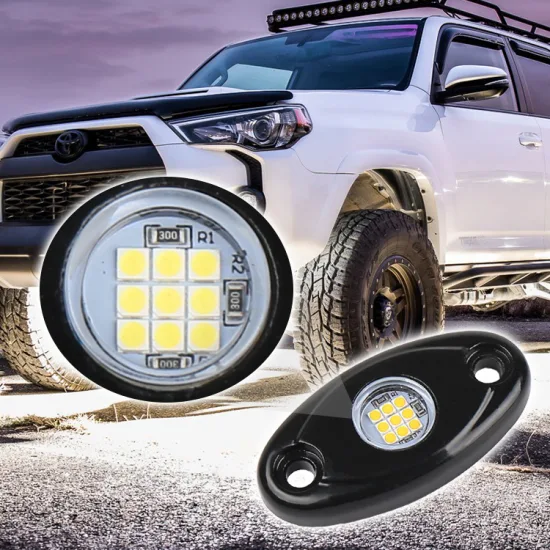 Ventas calientes 9W Single Pod Single Color 4 Pods Neon 12V Impermeable Underglow Underbody Kit LED Rock Light para camión todoterreno